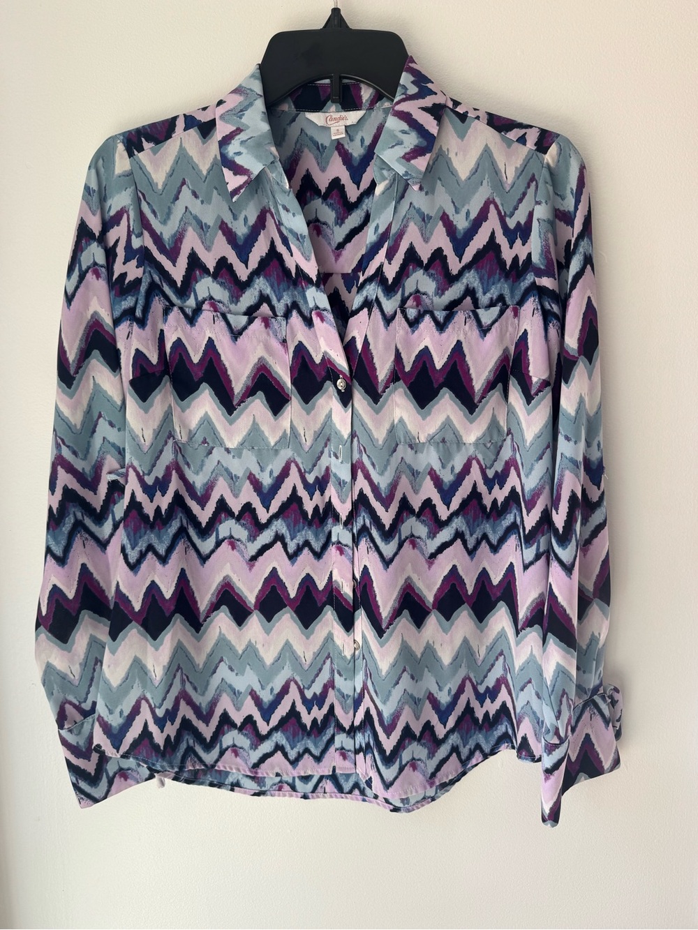 Candie’s Retro Chevron Button-Down Shirt - Purple & Light Blue - S